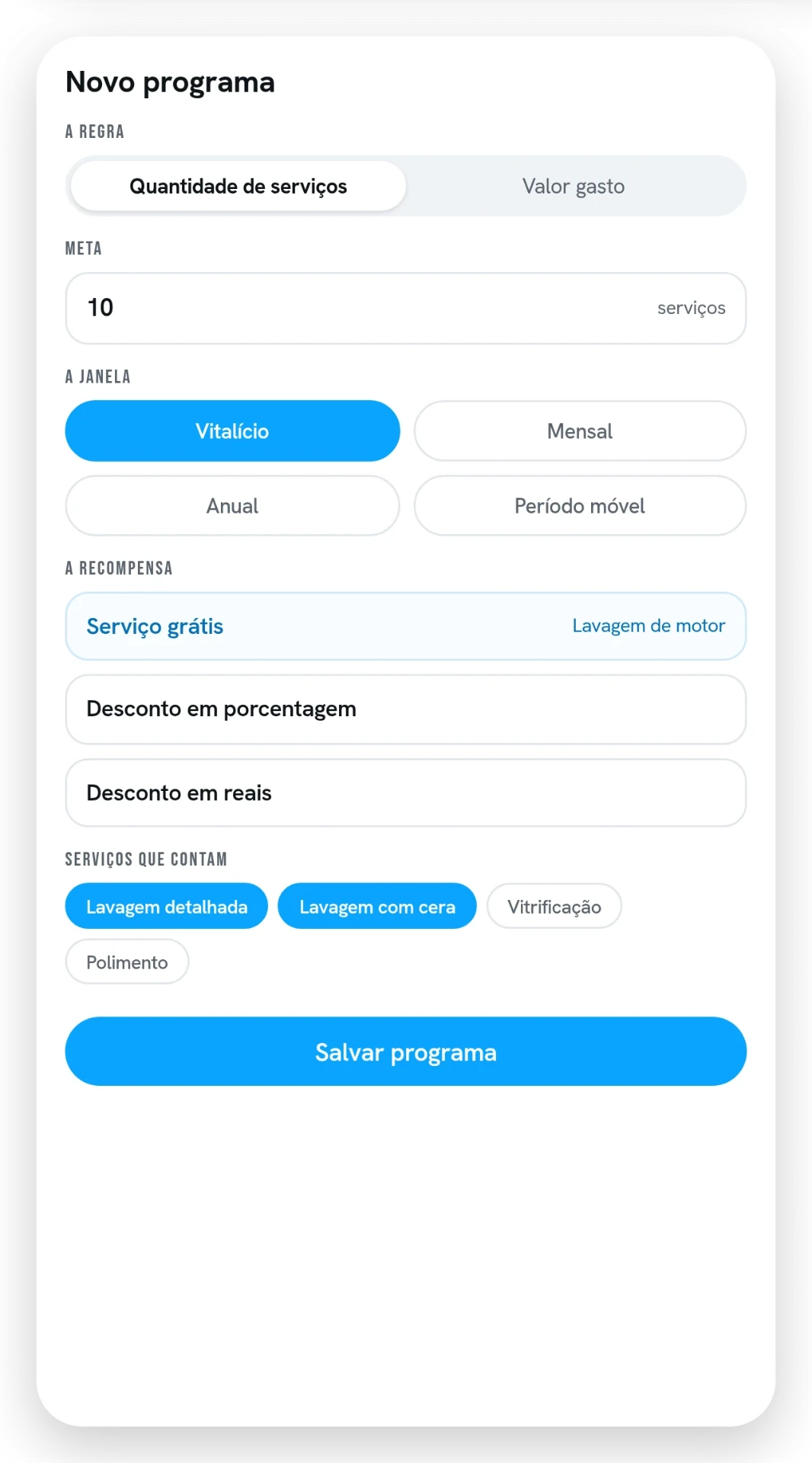Formulário de novo programa de fidelidade com o tipo de regra, a meta e as opções de período.