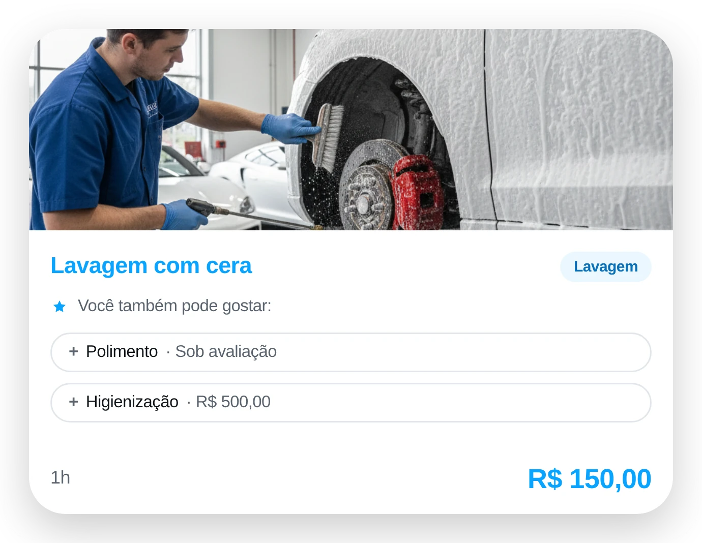 Card de serviço na vitrine com as sugestões de serviços complementares logo abaixo da descrição.