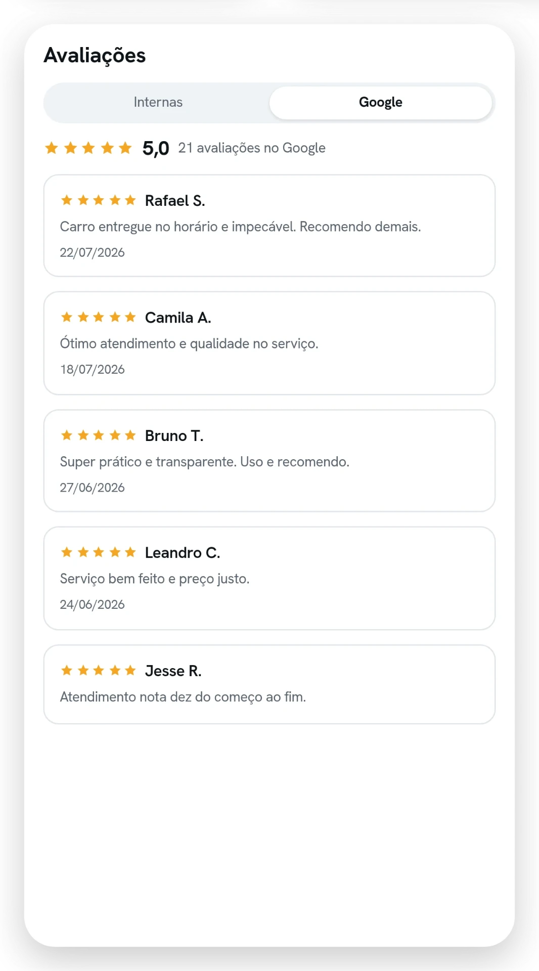 Tela de avaliações com a aba do Google selecionada, a média da loja e a lista de avaliações com nota, nome e comentário.