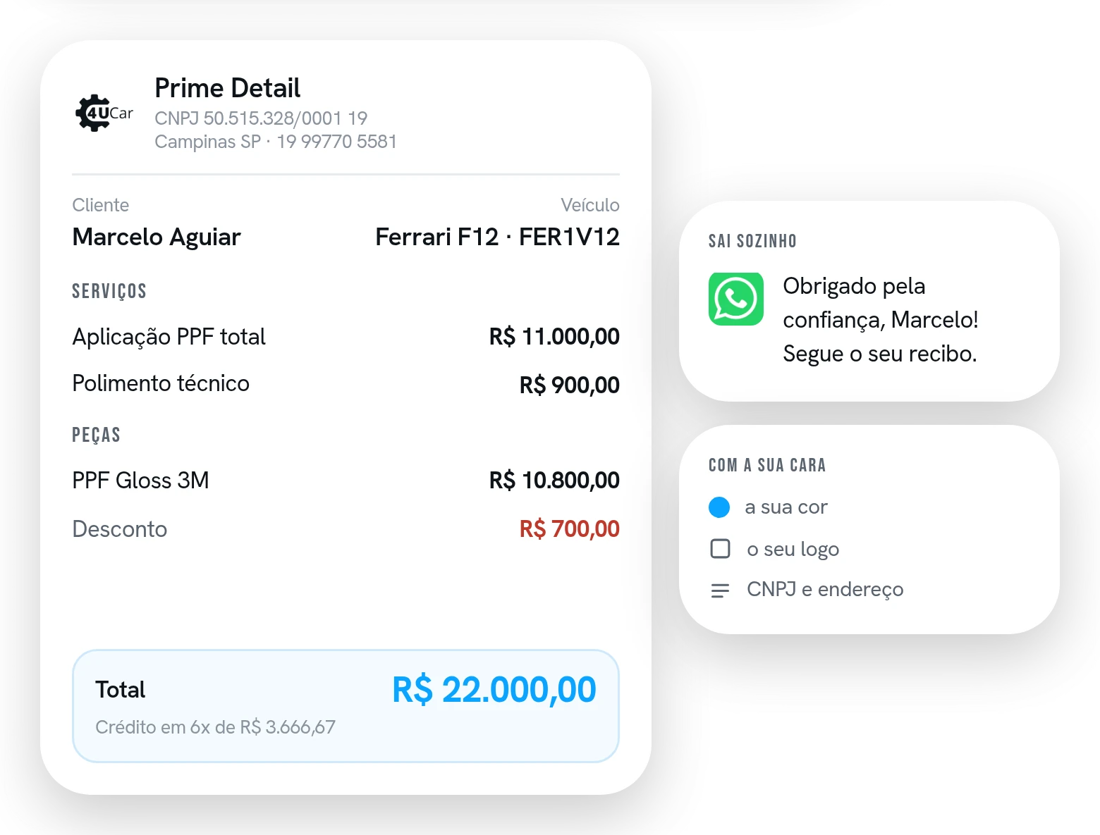 Recibo com o logo, o CNPJ e o endereço da loja, os serviços e as peças linha por linha, o desconto e o total parcelado.