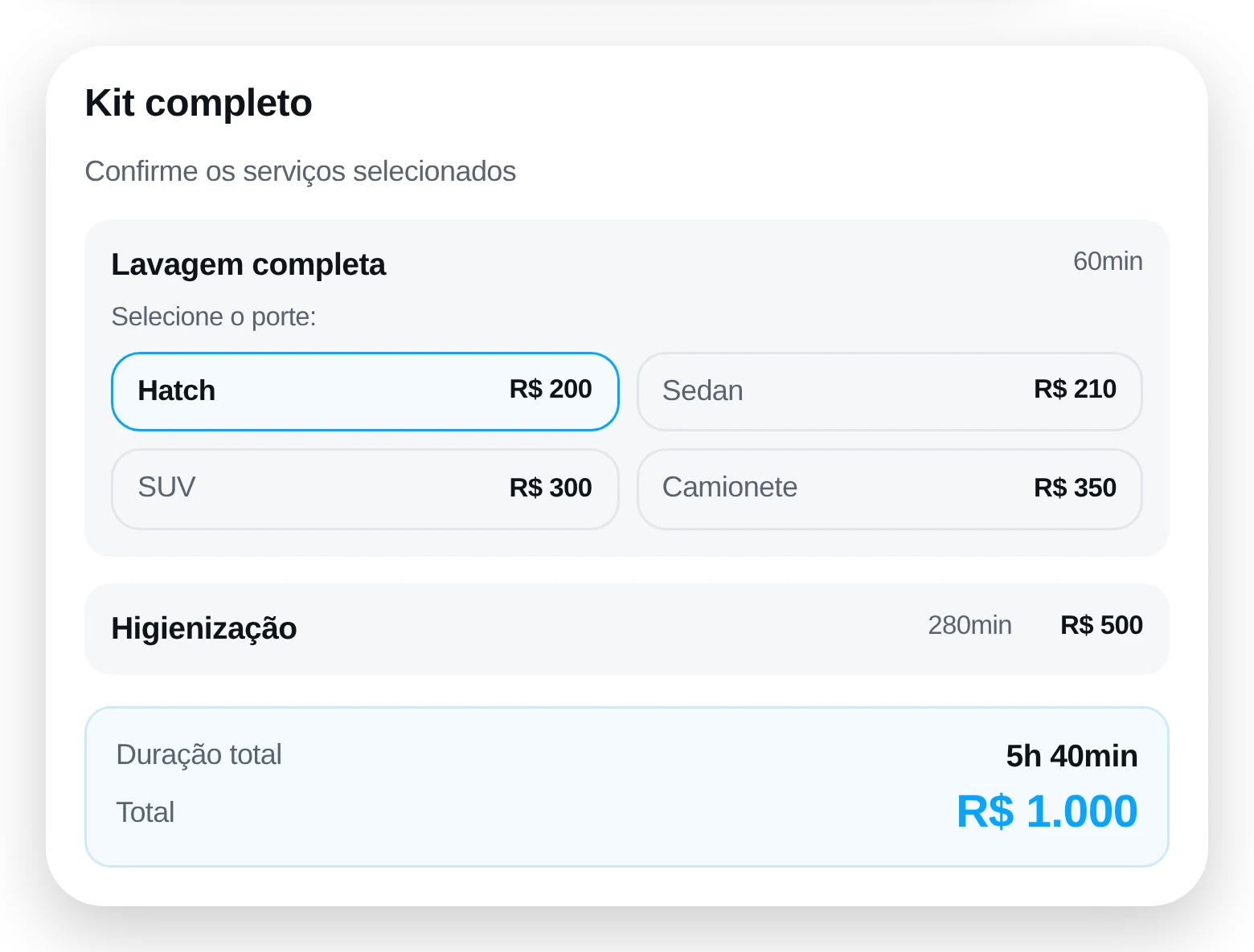 Kit de serviços com a escolha de porte do veículo e o total calculado.