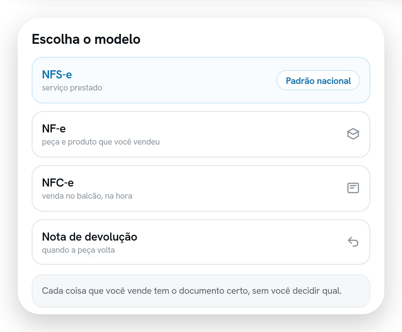 Os quatro modelos de nota, a NFS-e de serviço no padrão nacional, a NF-e de peça, a NFC-e de balcão e a nota de devolução.