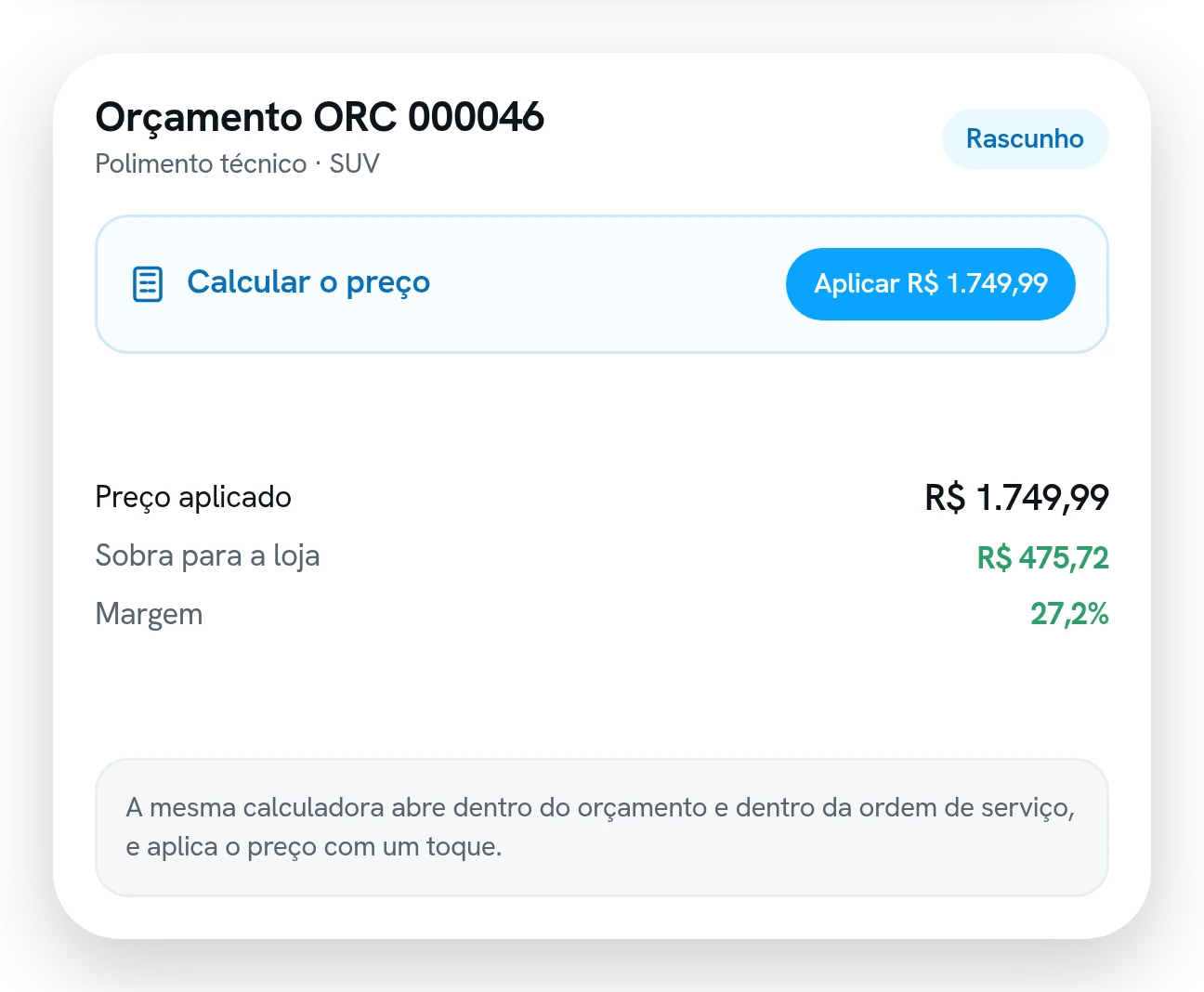 Orçamento com a calculadora aberta dentro dele, aplicando o preço calculado e mostrando a sobra e a margem.