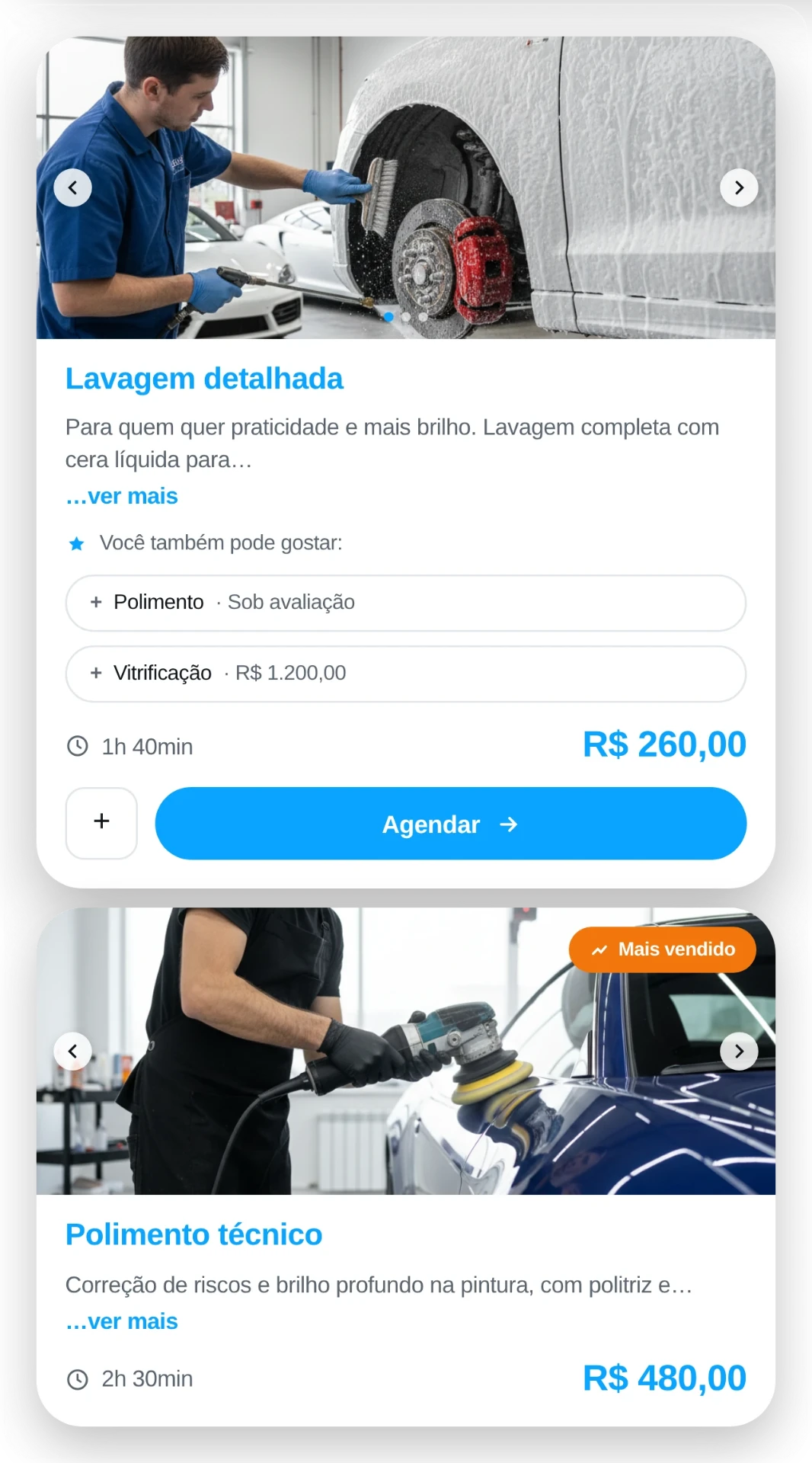 Card de serviço da vitrine com foto, descrição, sugestões, duração, preço e o botão de agendar.