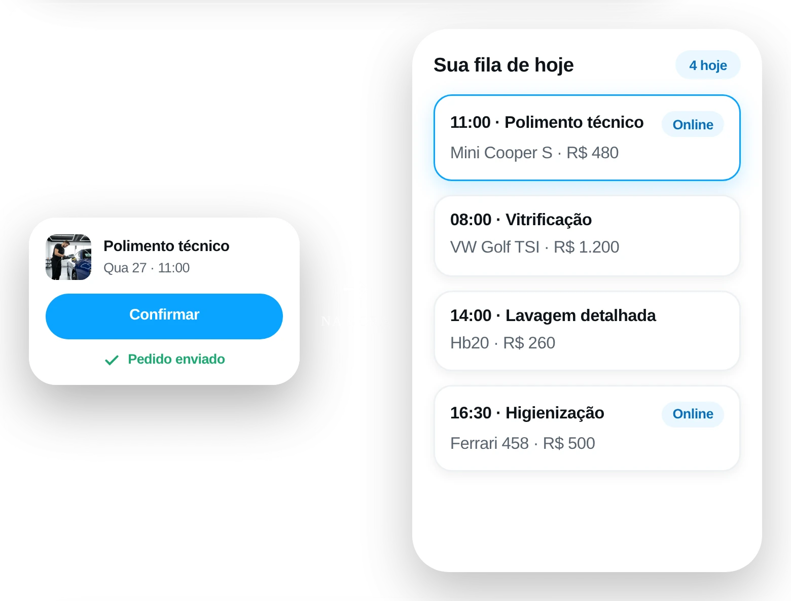 O cliente confirmando no celular e o pedido aparecendo na fila de ordens de serviço da loja, marcado como online.