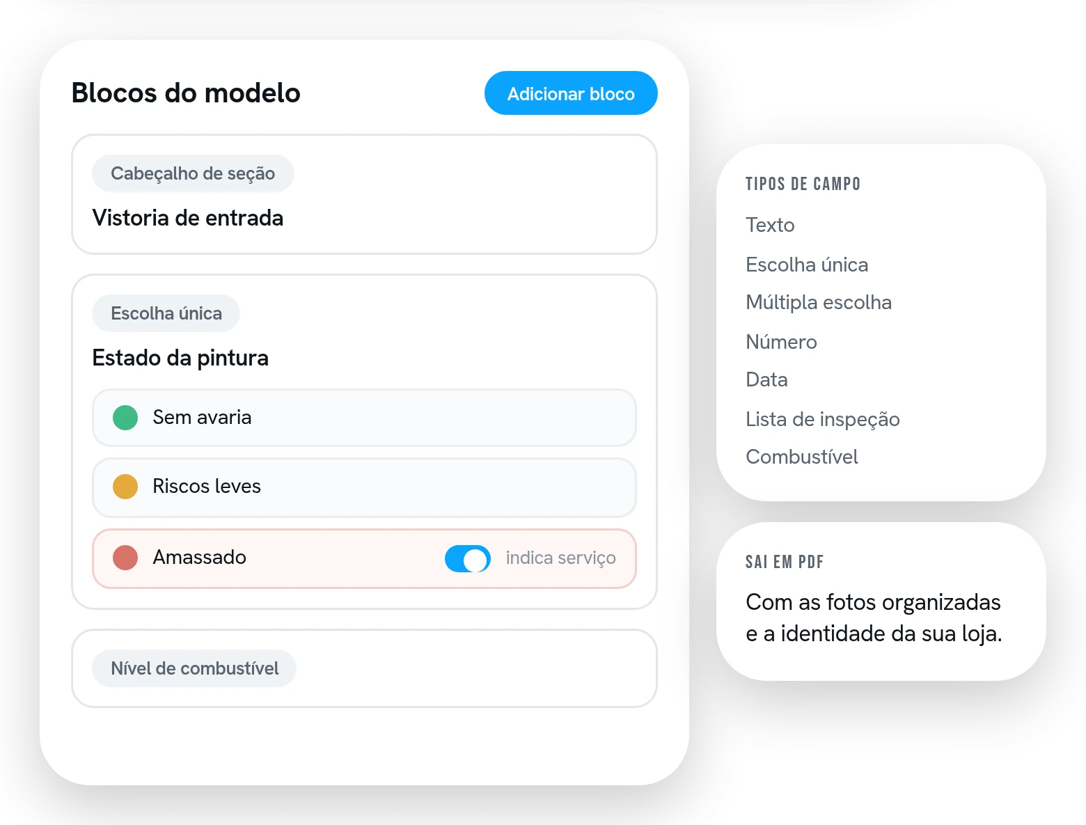 Construtor de modelo de checklist com os blocos, as opções coloridas e a marcação de opção que indica serviço.