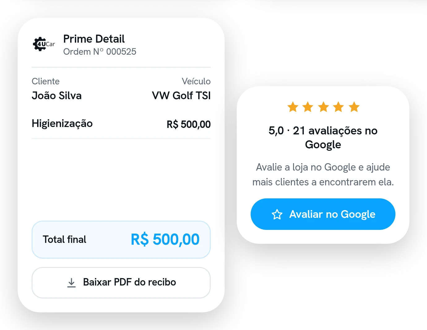 Recibo digital do serviço com o total e o botão de baixar o PDF, e ao lado o pedido de avaliação com a nota da loja.