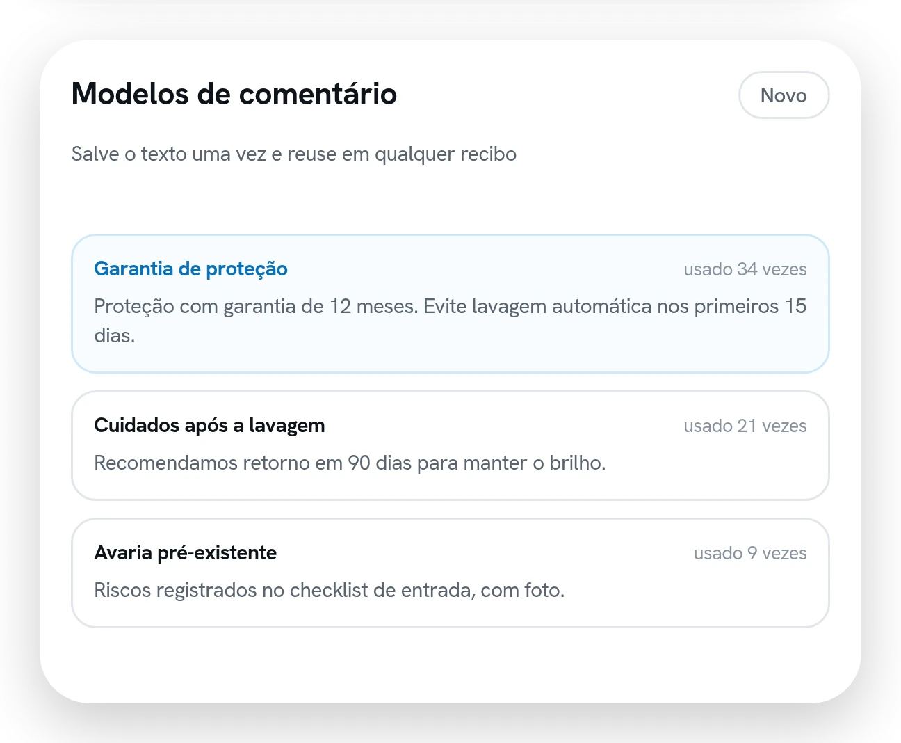 Lista de modelos de comentário salvos, cada um com o texto e quantas vezes já foi usado.