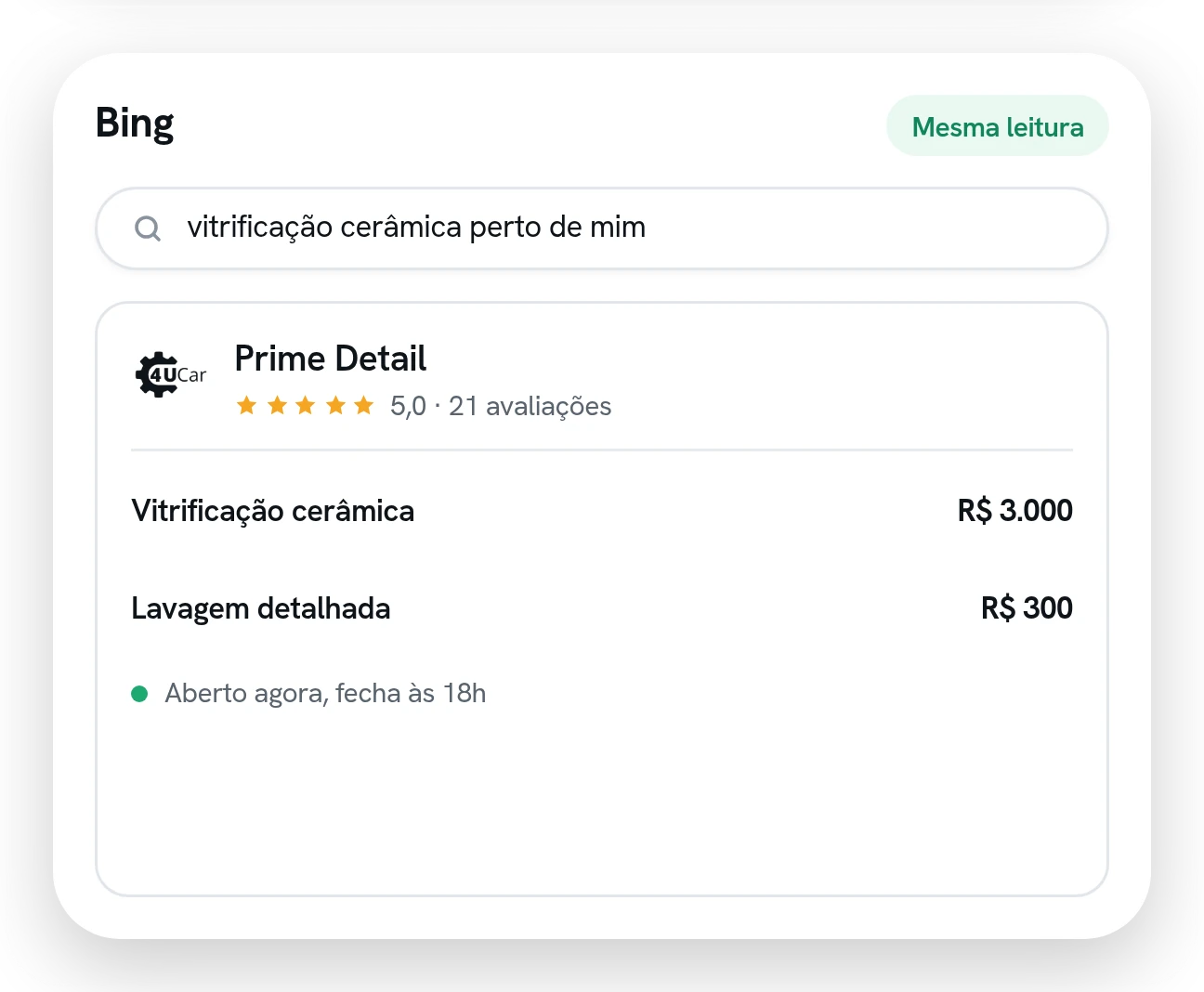 Resultado de busca no Bing com a loja, a nota, dois serviços com preço e o horário de funcionamento.