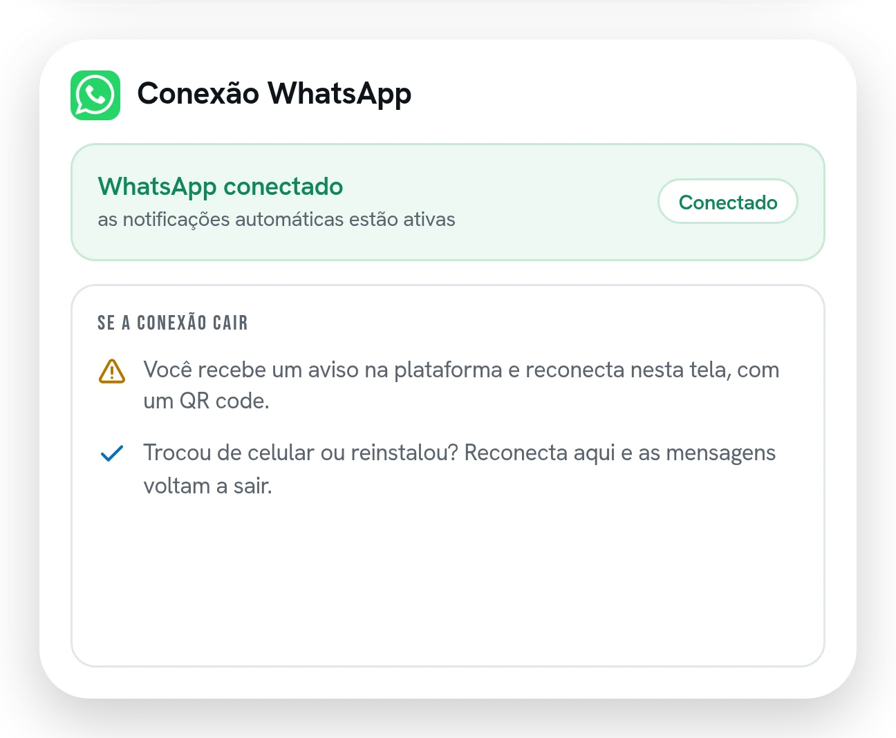 Tela de conexão do WhatsApp com o número conectado e as instruções para reconectar.