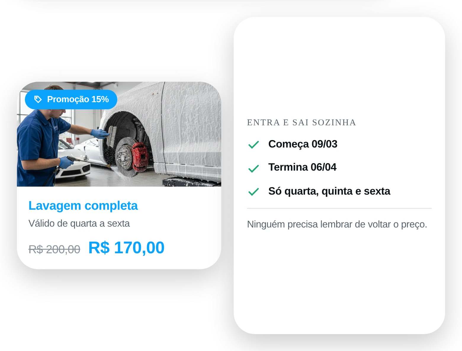 Card de serviço na vitrine com a etiqueta de promoção, o preço antigo riscado e o preço promocional.
