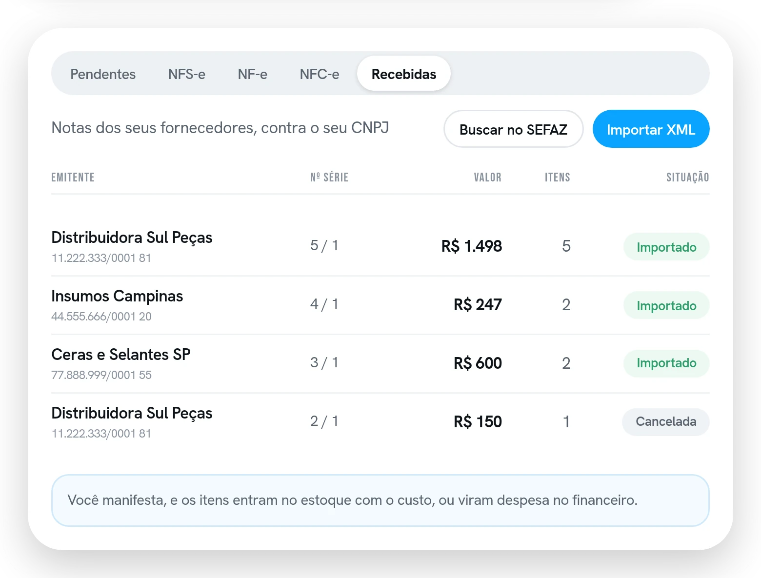 Abas de notas emitidas e recebidas, com a lista de notas de fornecedor, o valor, a quantidade de itens e a situação de cada uma.