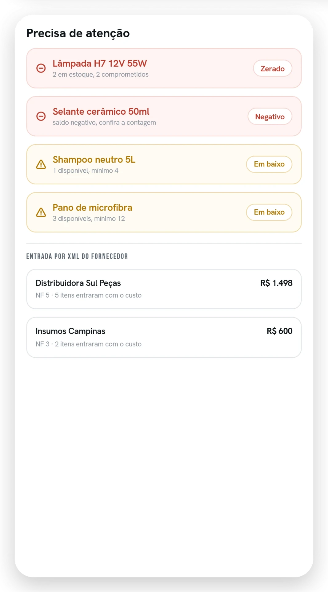 Lista de alertas de estoque com itens zerados, negativos e em baixo, e as entradas por XML de fornecedor.