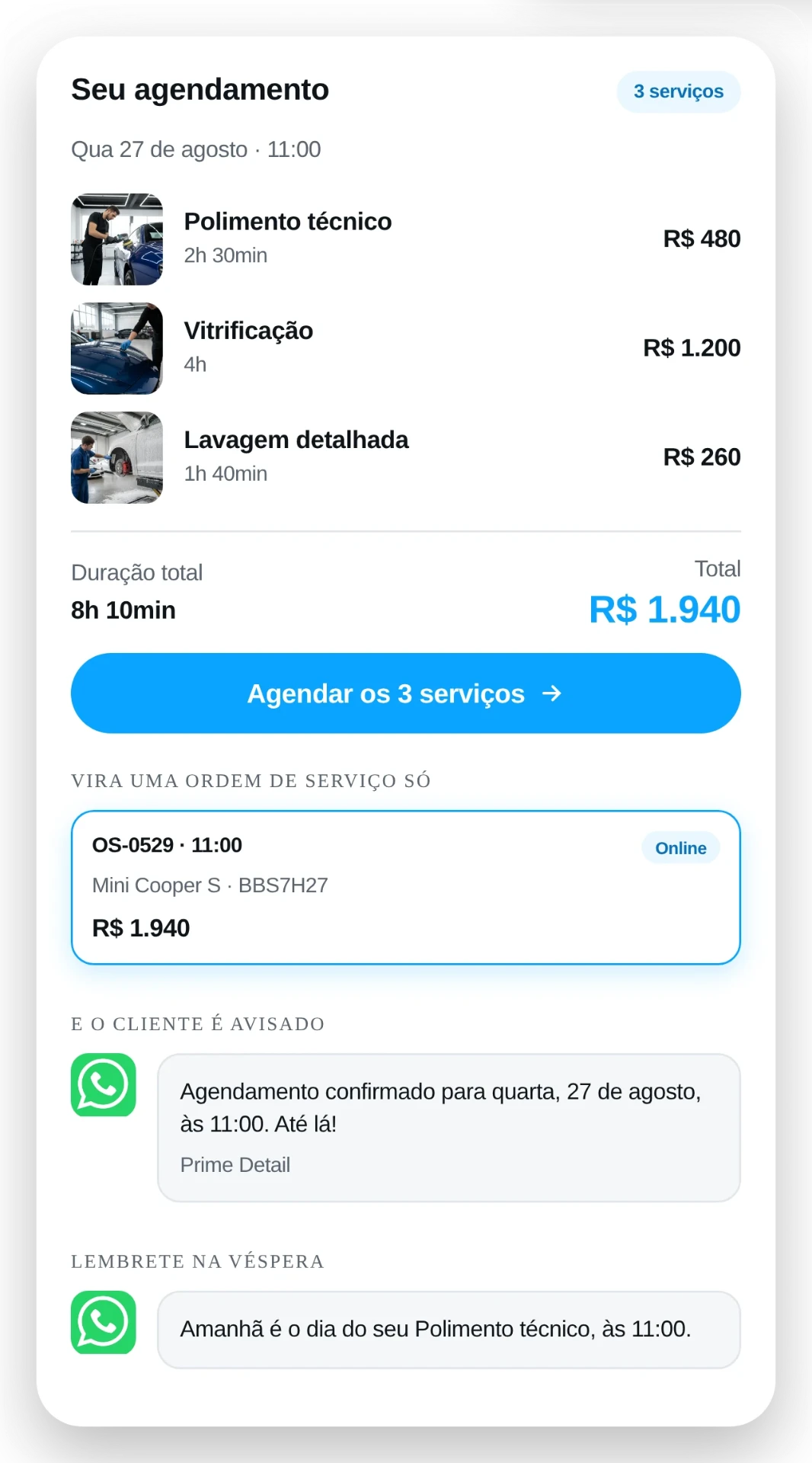 Carrinho com três serviços, duração e total, virando uma única ordem de serviço.