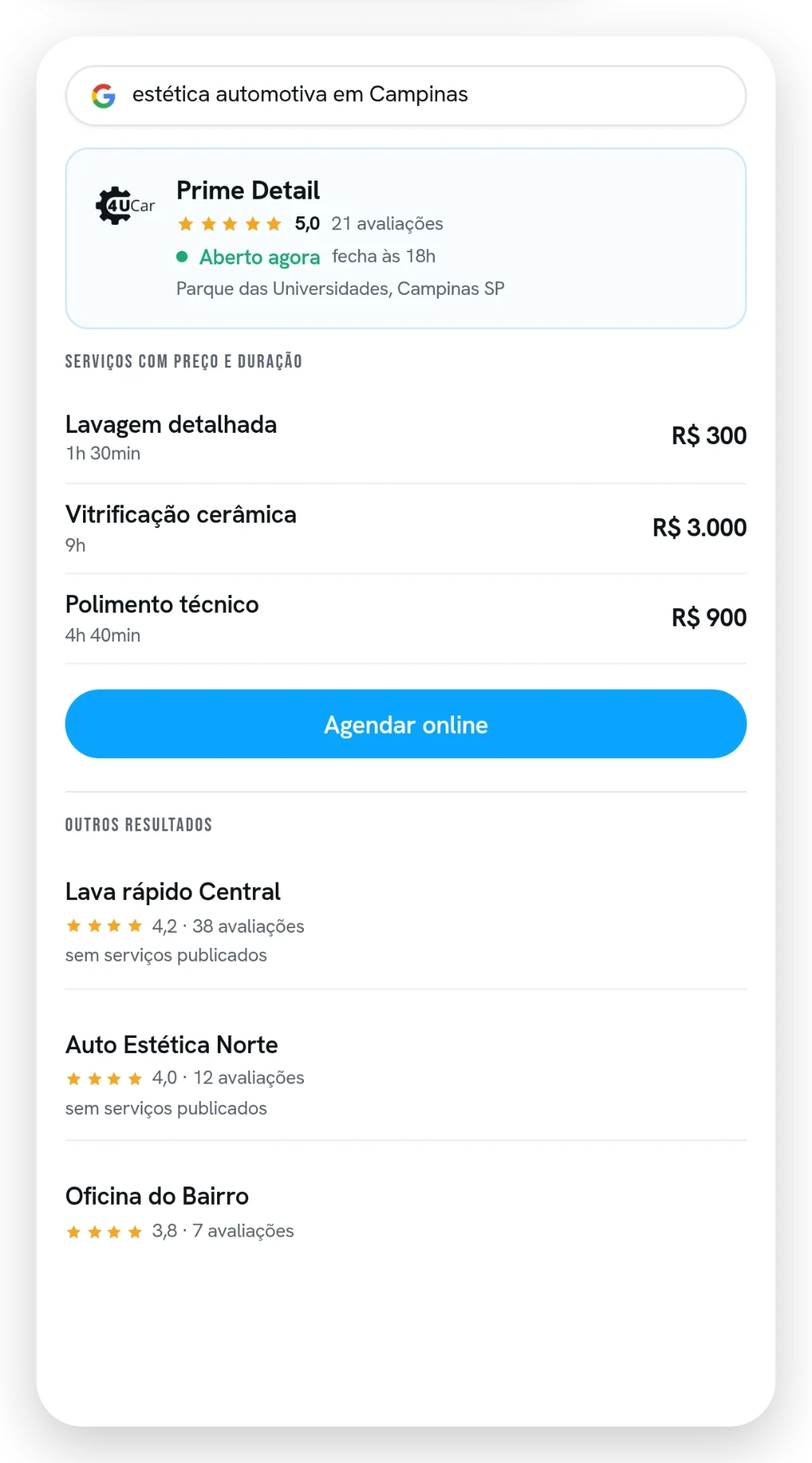 Resultado de busca com a loja, a nota, o aviso de aberto agora com o horário de fechamento, e os serviços com preço.