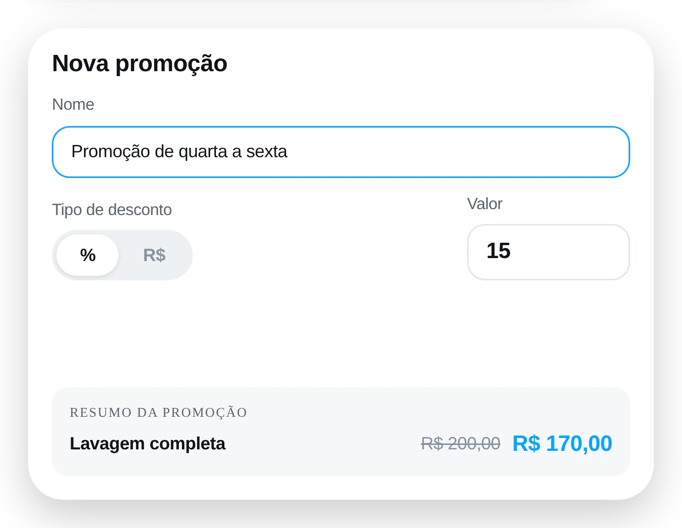 Formulário de nova promoção com o tipo de desconto, o valor e o resumo do preço antes e depois.