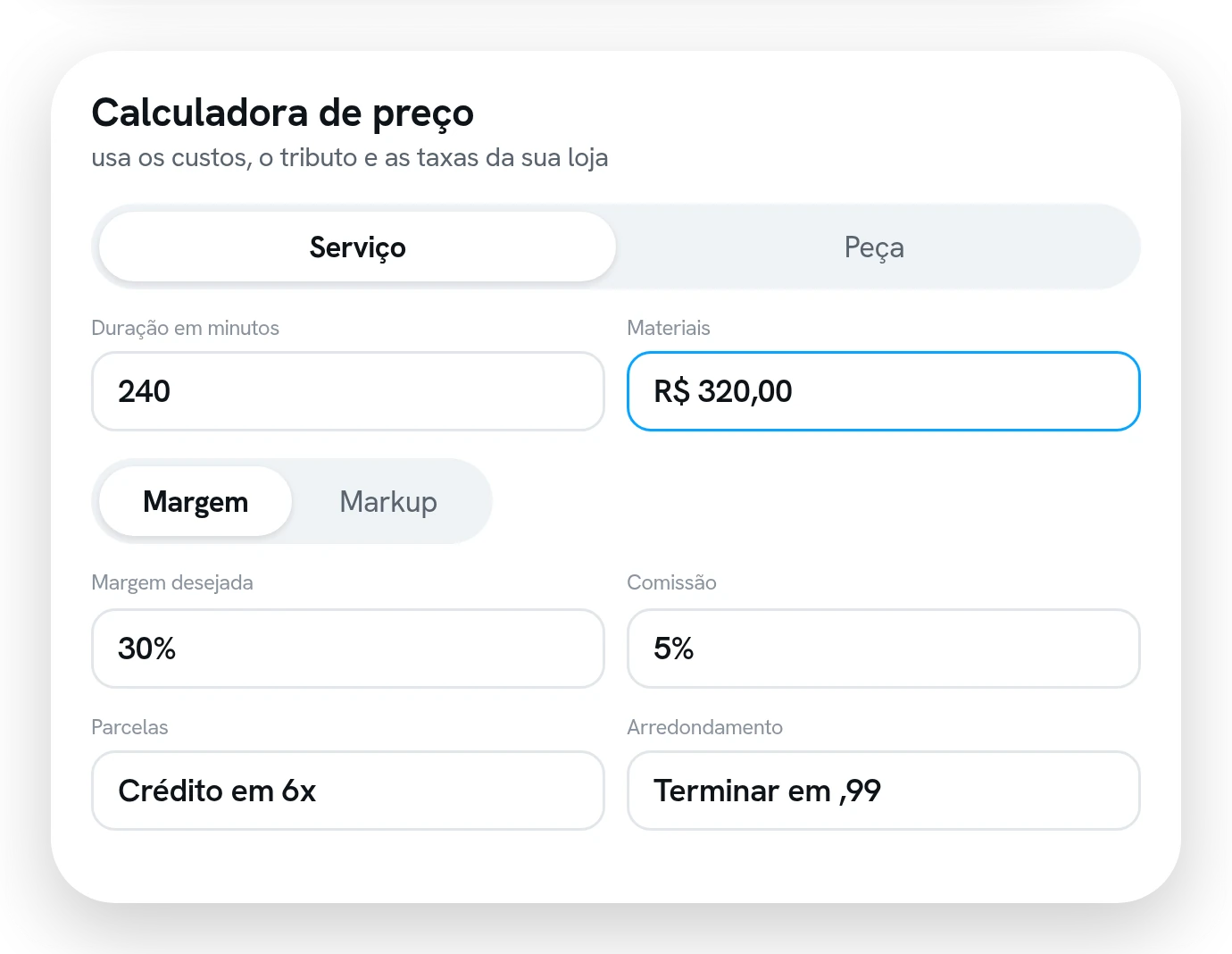Calculadora de preço com a duração, o material, a margem desejada, a comissão, o parcelamento e o arredondamento.