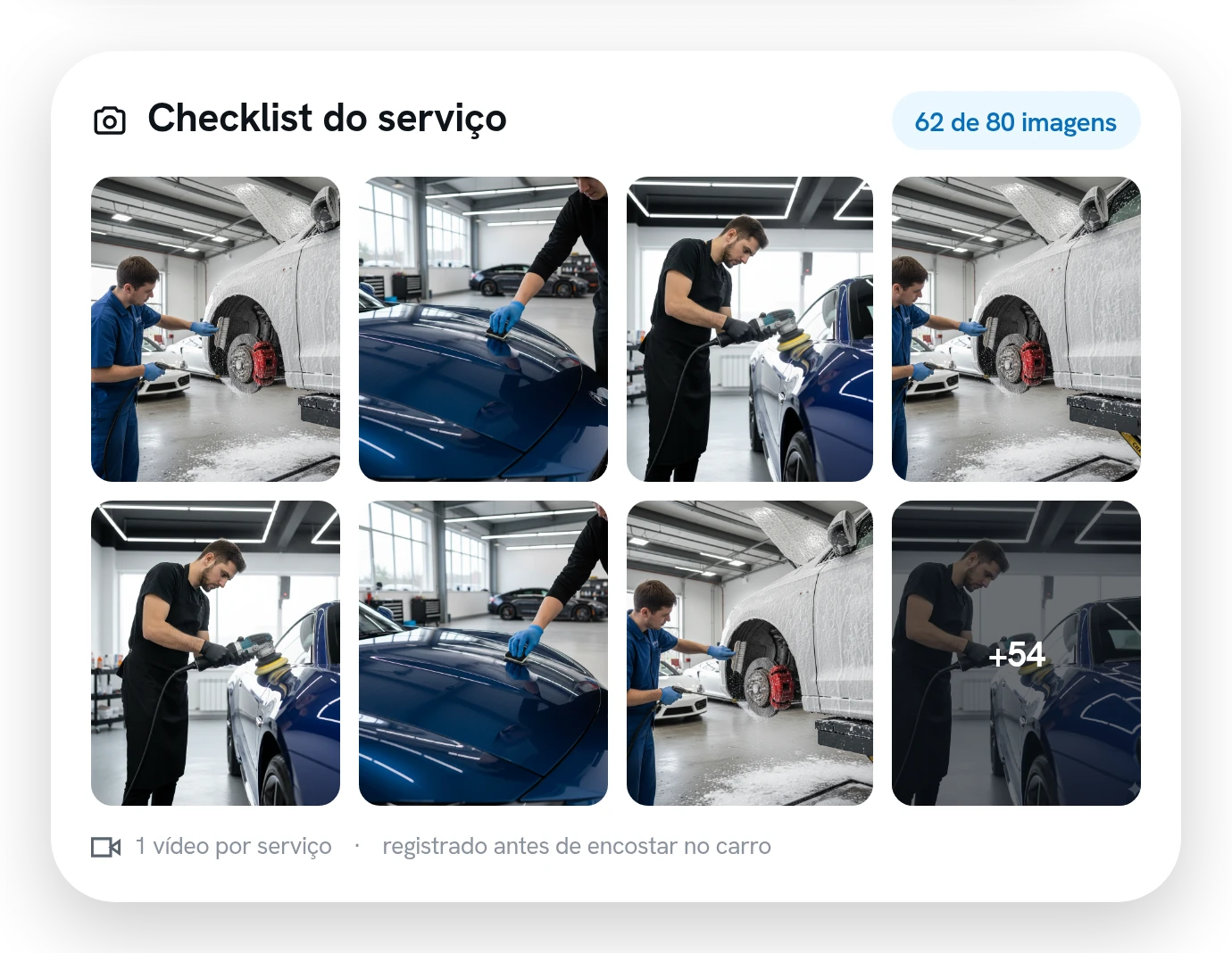 Grade de fotos do checklist do serviço, com o contador de imagens usadas do total disponível.