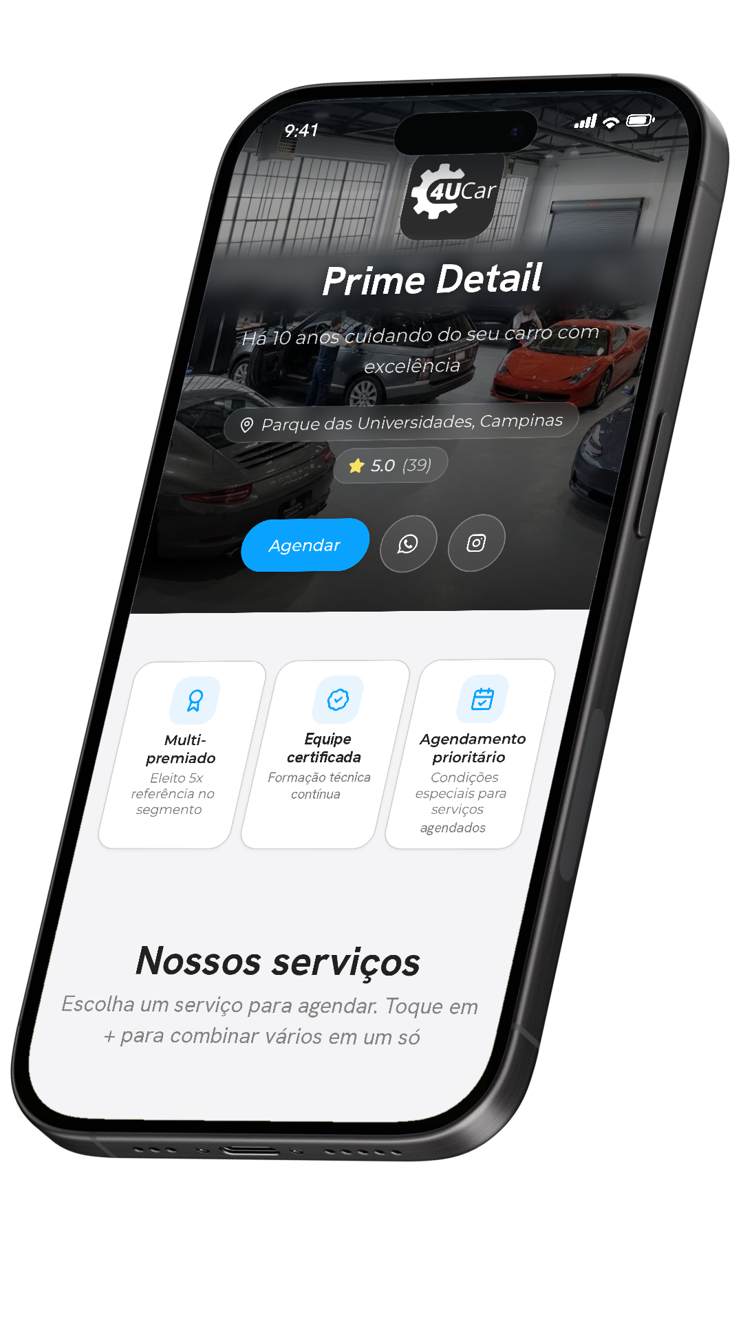Vitrine de uma loja no celular, com botão de agendar e lista de serviços